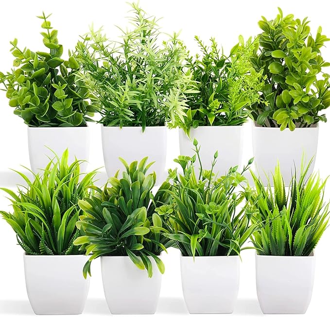 Artificial Potted Plants, 8 Pack Artificial Plastic Eucalyptus Plants Small Indoor Potted Houseplants, Small Faux Plants for Home Decor Bathroom Office Farmhouse (Set 0F 8)