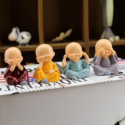 Buy Buddha Monk Figurines Set 4Pc – Multicolour Polyresin Decorative Statues for Home, Garden, Office & Car Dashboard – Perfect Spiritual Gift