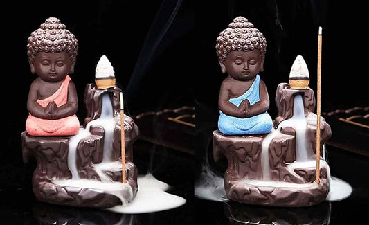 Set Of 2 Meditating Monk Buddha Smoke Backflow Cone Incense Holder Decorative Showpiece With 20 Smoke Backflow Cone Incenses(Conical, Buddha Combo (Red & Blue))