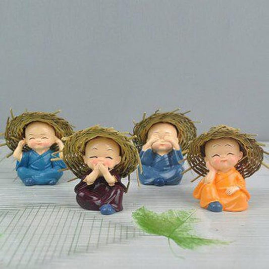 Set of 4 Resin Buddha Monk Statue with Hat| Think No Evil Speak No Evil Hear No Evil See No Evil| Buddha Statues for Home Decor Living Room Office Car Dashboard Showpiece Gift for Birthday
