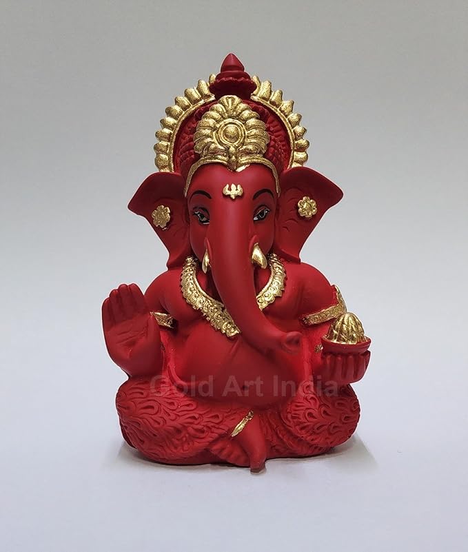 Mukut Ganesha Idol for Car Dashboard Maroon Red and Gold Small Ganesha Murti Ganpati Idol for Home Decor Puja Lord Ganesh Statue Gift for Office Desk Puja Room Figurine