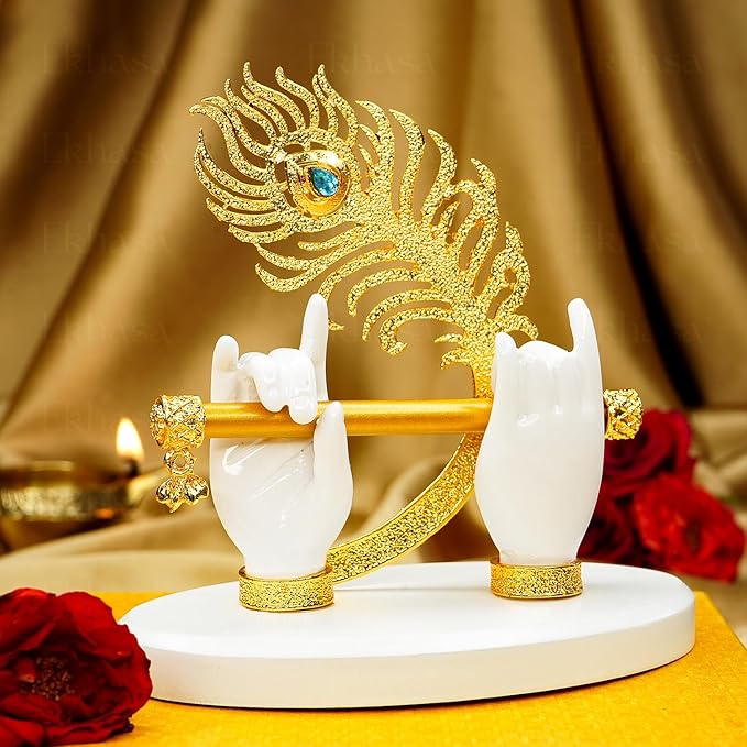 Lord Krishna Hands with Flute Idol (Small Size) | Krishna Flute Hand Statue | Krishnaji Divine Hands Idol with Flute and Peacock Feather | Krishna Statue for Car Dashboard & Griha Pravesh Gift