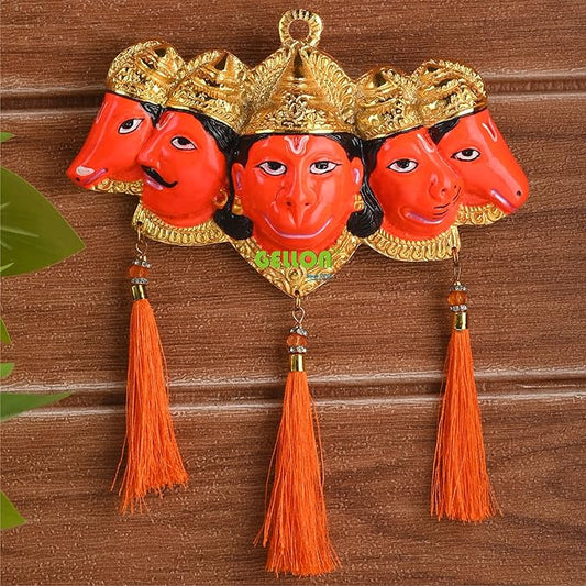 Panchmukhi Hanuman Ji Murti for Door Entrance Statue Wall Hanging Showpiece with Silk Latakan in Gold & Orange Finish